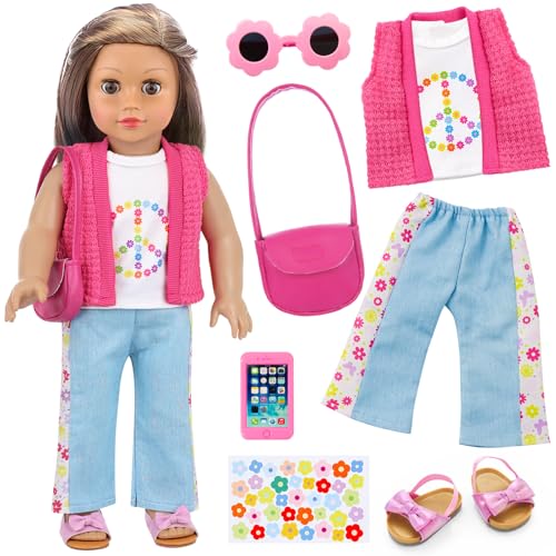 45,7 cm Puppen-Set mit 7 Stück (Rosen-Pullover-Weste 1, weiße Weste 1, Spitzenjeans 1, Rosen-Umhängetasche 1, Handy 1, Blumenaufkleber 1, 7 Stück) von Ecore Fun