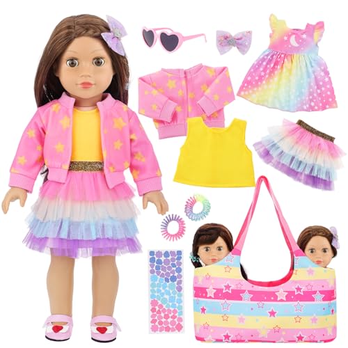 45,7 cm Puppenzubehör-Set – 10-teiliges Set mit Regenbogen-Kleid, 3-teiliges Puppen-Outfits, Puppen-Aufbewahrungskorb für 45,7 cm große Puppen, Haarnadeln, 2 Haargummis, Sonnenbrillen, Aufkleber 45,7 cm Puppenzubehör-Set – 10-teiliges Set mit Regenbogen-Kleid, 3-teiliges Puppen-Outfits, Puppen-Aufbewahrungskorb für 45,7 cm große Puppen, Haarnadeln, 2 Haargummis, Sonnenbrillen, Aufkleber von Ecore Fun