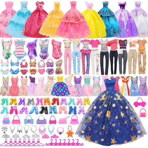 Ecore Fun 101-teiliges Puppenkleidungs- und Zubehör-Set für 29,1 cm große Puppen – 5 Hochzeitskleider, 12 modische Kleider, 2 Oberteile, 2 Hosen, 2 Badeanzüge, 10 Schuhe und anderes Zubehör von Ecore Fun