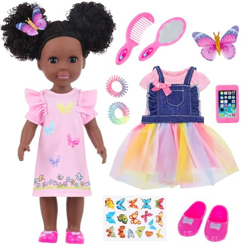 Ecore Fun 14,5 Zoll Schwarz Babypuppe mit Schmetterling Thema Zubehör - Realistische afrikanische Puppe Schwarz mit Haarspangen, Kamm, Spiegel, Regenbogenkleid, Rosa T-Shirt, Telefon, Aufkleber Ecore Fun 14,5 Zoll Schwarz Babypuppe mit Schmetterling Thema Zubehör - Realistische afrikanische Puppe Schwarz mit Haarspangen, Kamm, Spiegel, Regenbogenkleid, Rosa T-Shirt, Telefon, Aufkleber von Ecore Fun