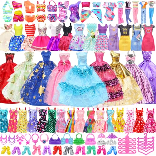 Ecore Fun 99 Stück Puppenkleidung und Zubehör, 3 modische Kleider, 10 Slip-Kleider, 3 Oberteile, 3 Hosen, 10 Halsketten, 10 Schuhe, modische Freizeit-Outfits, perfekt für 29,2 cm große Puppen von Ecore Fun