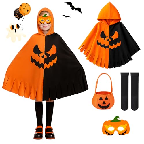 Ecoret-Pro Kürbis Kostüm für Kinder, Halloween Geister Umhang mit Hut, Maske, Süßigkeitenkorb und Strümpfe, Zauberer Kapuzenumhang Kinder für Jungen Mädchen Cosplay Fasching, Orange S von Ecoret-Pro