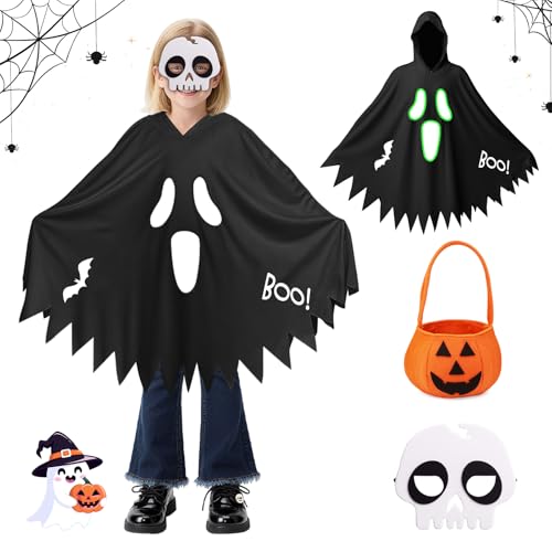 Ecoret-Pro Halloween Gespenst Kostüm für Kinder, Geist Kostüm Kinder mit Maske und Süßigkeitentüte, Geisterkostüm mit Nachthlechteffekt für Jungen Mädchen Cosplay Karneval, Schwarz S von Ecoret-Pro