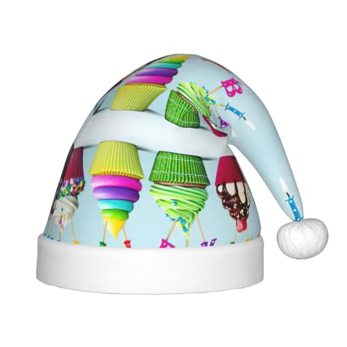 EdWal Bunte Weihnachtsmütze mit Cupcake-Aufdruck "Happy Birthday", Plüsch-Weihnachtsmannmütze für Kinder, Weihnachtsfeiertagsmütze für Jungen und Mädchen EdWal Bunte Weihnachtsmütze mit Cupcake-Aufdruck "Happy Birthday", Plüsch-Weihnachtsmannmütze für Kinder, Weihnachtsfeiertagsmütze für Jungen und Mädchen von EdWal
