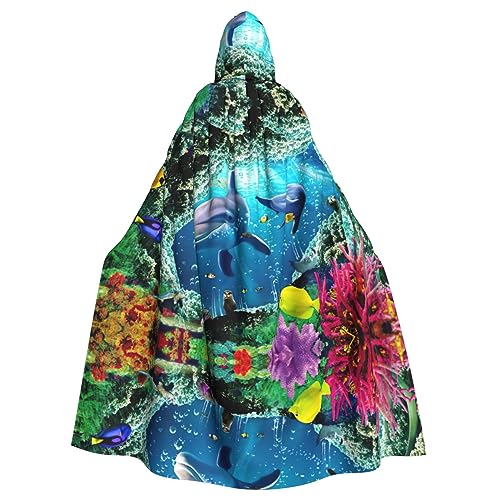 EdWal Umhang mit Kapuze, Motiv: Ozean, Unterwasser-Delfin, Fisch-Druck, Halloween, Zauberer, Hexe, Umhang mit Kapuze, für Erwachsene, Herren, Damen, Cosplay-Kostüme von EdWal