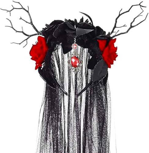 Edary Halloween Tag der Toten Haarreif und Schleier Mexikanische Stirnband Rosen Totenkopf Haarreif Gothic Kopfschmuck Haarband Cosplay Kostüm Accessoires Frauen Damen (Geweih) von Edary