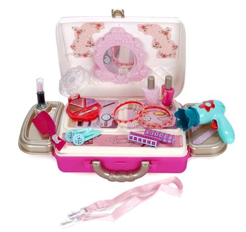 2-in-1 Spielzeug-Set, Kinder Beauty Koffer-Spielset, Handtasche mit Tragegriff und Schulterriemen, verlängerbar, inkl. Schminktisch mit viel Zubehör, 18 Teile von Eddy Toys