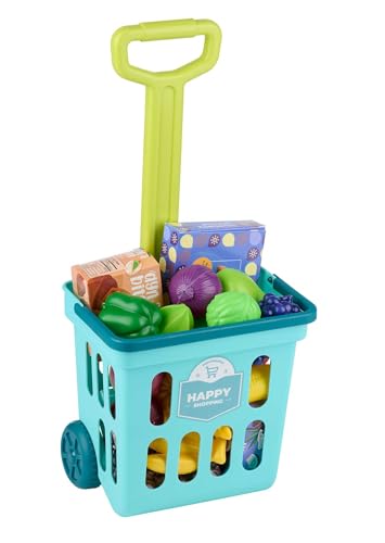 Kinder-Einkaufstrolley, 21 Teile-Spielset, Spielzeug Trolley-Einkaufskorb mit Warensortiment, Griff ausziehbar, Tragegriff klappbar (Blau) von Eddy Toys