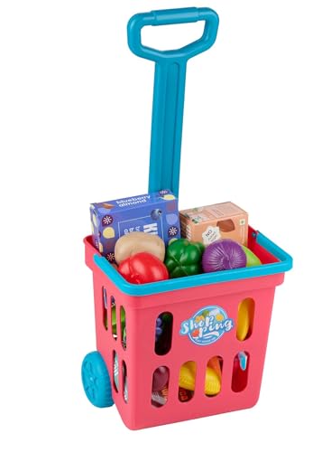 Kinder-Einkaufstrolley, 21 Teile-Spielset, Spielzeug Trolley-Einkaufskorb mit Warensortiment, Griff ausziehbar, Tragegriff klappbar (Rot) von Eddy Toys