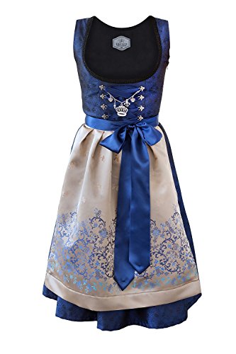 Bayerische Damen Midi Dirndl Kleid 3-teilig + Schürze + Bluse royalblau gold, 42, blau von Edelnice Trachtenmode