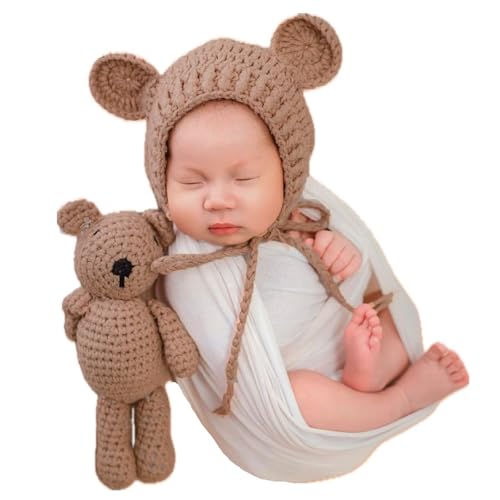 Ederafoto - Neugeborene Fotografie Requisiten Baby Bär Hut Fotoshootings Foto Posieren Häkelbär Puppe Spielzeug Requisiten (Khaki) von Ederafoto