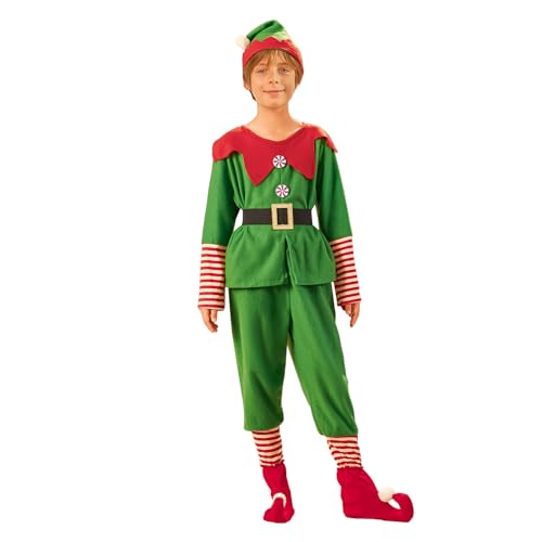 Edhomenn CosPlay Weihnachtskostüm für Eltern und Kinder, 4-teilig, Weihnachtsmann-Elfen-Outfit, Kleid, Hose mit Hut, Gürtel und Socken (Junge, 5–6 Jahre) von Edhomenn