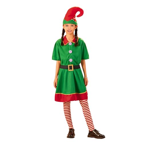 Edhomenn CosPlay Weihnachtskostüm für Eltern und Kinder, 4-teilig, Weihnachtsmann-Elfen-Outfit, Kleid, Hose mit Hut, Gürtel und Socken (Mädchen, 6–7 Jahre) von Edhomenn