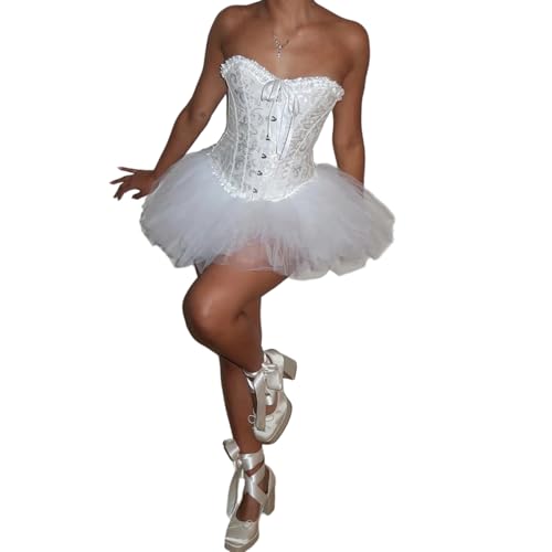 Edhomenn Damenkorsett für Halloween, Gothic, Vintage, Manschette, Tüllrock, schwarzer Schwanenkleid, Motto-Party, Cosplay-Kostüm (Weiß, XL) von Edhomenn