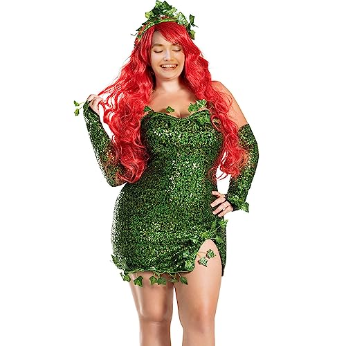 Edhomenn Deluxe Green Ivy Kostüm Damen Halloween Kostüme Gefälschte Blätter Ärmelloses Paillettenkleid mit Handschuhen (01 Grün, XXL) von Edhomenn
