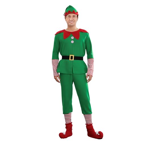 Edhomenn Elfenkostüm für Eltern und Kinder, 4-teilig, CosPlay, Party, Weihnachtsmann-Elfen-Outfit, Kleid, Hose mit Hut, Gürtel und Socken (Herren, Größe L) von Edhomenn