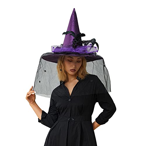 Edhomenn Frauen Halloween Hexenhüte mit Feder Tüll Zauberer Hüte Halloween Kostüme Hexe Zubehör (S-Lila, Einheitsgröße) von Edhomenn