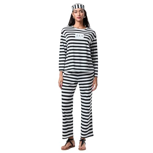 Edhomenn Halloween-Gefangenenkostüm-Set für Damen, Erwachsene, gestreiftes Langarm-Top, lange Hose, Hut, 3-teiliger Pyjama, Liege, Cosplay, Kleidung (02 Schwarz, XL) von Edhomenn