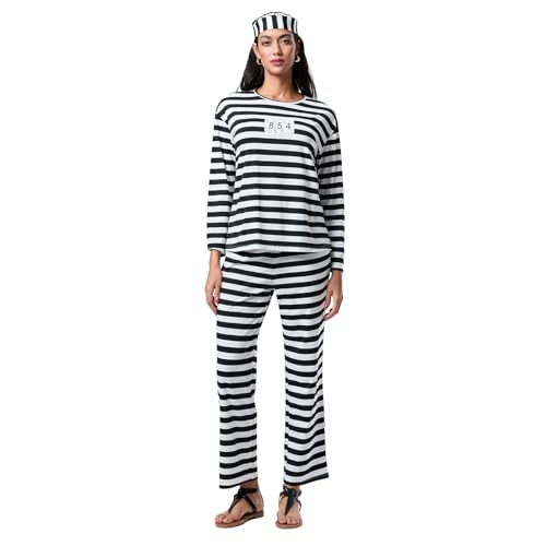 Edhomenn Halloween-Gefangenenkostüm-Set für Damen, Erwachsene, gestreiftes Langarm-Top, lange Hose, Hut, 3-teiliger Pyjama, Liege, Cosplay, Kleidung (03 Grau, S) von Edhomenn