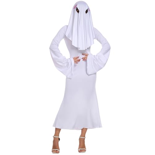 Edhomenn Halloween-Geisterkleid für Damen, lange ausgestellte Ärmel, gruseliges Kostüm mit Maske, Phantom-Outfits (Weiß, L) von Edhomenn