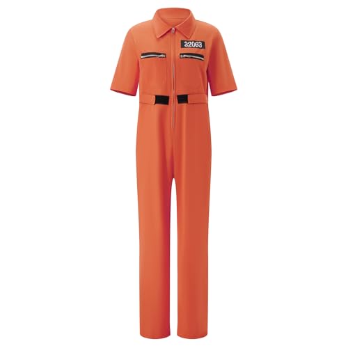 Edhomenn Halloween-Kostüm für Damen, Häftlingskostüm, kurzärmelig, Revers, Reißverschluss, Overall, Gefängnisverbrecher-Kostüm, Orange, Größe M von Edhomenn
