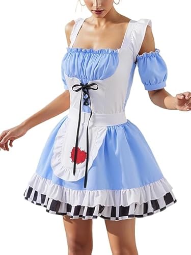 Edhomenn Halloween-Kostüm für Damen, Herz- und Pik-Muster, kontrastfarben, kurzärmelig, schulterfrei, Himmelblau, Größe M von Edhomenn