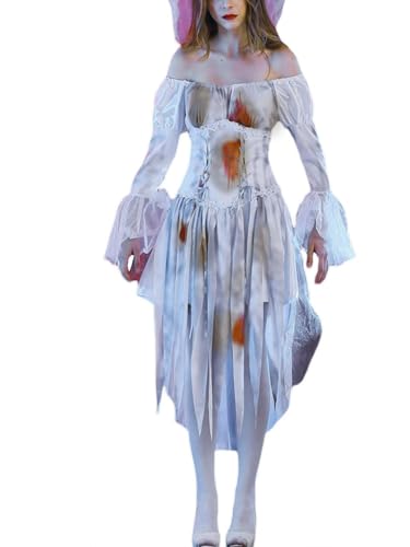 Edhomenn Halloween-Kostüme für Damen, Gothic, viktorianisch, blutig, schulterfrei, langärmelig, Kleid, Outfits (Weiß, M) von Edhomenn