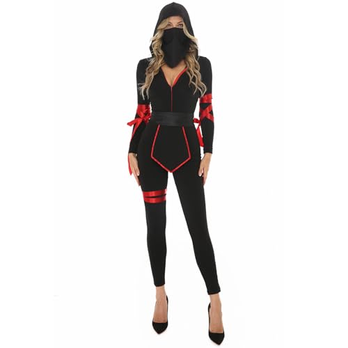 Edhomenn Halloween-Kostüme für Damen, Kontrastfarbe, Ausschnitt vorne, Bodysuits mit Druckgürtel-Dekorationen (03 Schwarz, XL) von Edhomenn