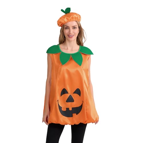 Edhomenn Halloween-Kürbis-Kostüm-Set für Damen, Blattbesatz, ärmellos, Laterne, Kürbis, Cosplay-Kostüm mit Hut (Orange, L) von Edhomenn