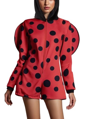 Edhomenn Halloween-Marienkäfer-Kostüm für Damen, niedlich, langärmelig, Reißverschluss, Punkte, Cosplay, Kapuzen-Shorts, Overall (Rot, XL) von Edhomenn