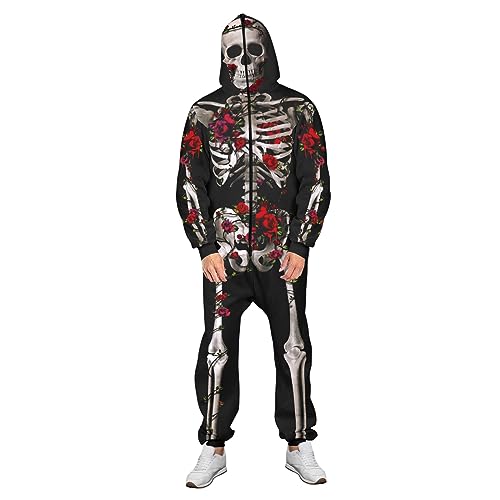 Edhomenn Halloween-Skelett-Kostüm für Damen und Herren, bequemer Rosenskelett-Overall mit Kapuze, Cosplay-Outfits (1, M) von Edhomenn