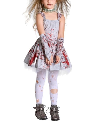 Edhomenn Kinder-Mädchen-Kostüm, Halloween, Zombie-Braut, Verkleidung, blutiges Geister-Brautkleid und Brautschleier (grau, 8–10 Jahre) von Edhomenn