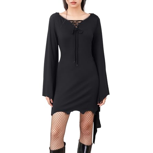 Edhomenn Langes Halloween-Kleid für Damen, Hexen-Outfit, einfarbig, langärmelig, Midi-Kleid, Halloween-Fledermaus-Kostüm (05 Schwarz, L) von Edhomenn