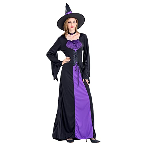 Edhomenn Langes Halloween-Kleid mit Kapuze für Damen, Hexen-Outfit, einfarbig, langärmelig, Midi-Kleid, Halloween, Fledermaus-Kostüm (03 Schwarz, M) von Edhomenn