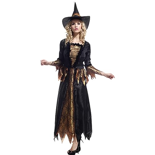 Edhomenn Langes Halloween-Kleid mit Kapuze für Damen, Hexen-Outfit, einfarbig, langärmelig, Midi-Kleid, Halloween, Fledermaus-Kostüm (04, Schwarz, M) von Edhomenn