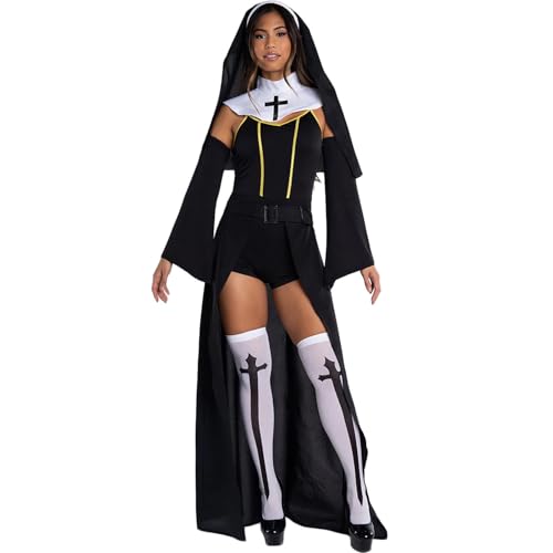 Edhomenn Nonnen-Kostüm für Damen, Erwachsenenkostüm, Mutter, überlegene Kleidung, Halloween, Cosplay, 7-teiliges Outfit (01 Schwarz, XL) von Edhomenn