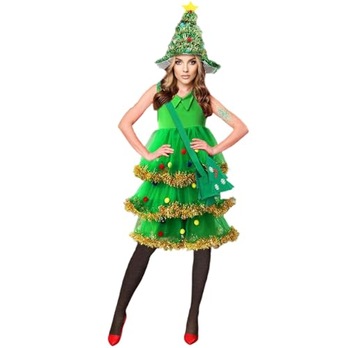 Edhomenn Weihnachtsbaum-Kostüm-Set für Damen, Lametta-Bordüre, Weihnachtsbaummütze, Kleid, Strümpfe und Tasche, 4-teiliges Set (Grün, S) von Edhomenn