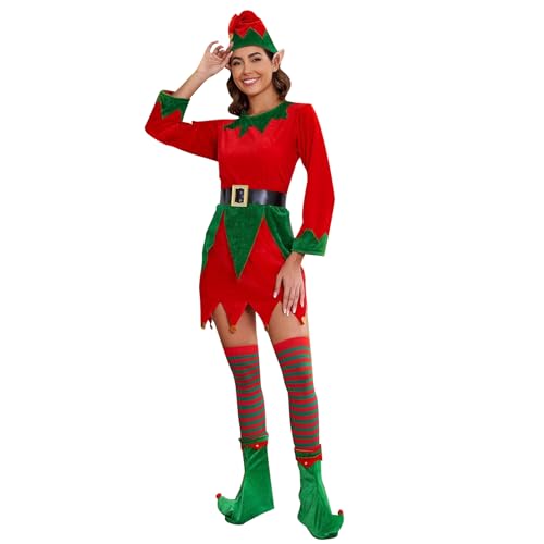 Edhomenn Weihnachtselfen-Kostüm für Damen, Cosplay, Party, Weihnachtsmann-Elfen-Outfit, Kleid, Kontrastfarbe, langärmelig, Rundhalsausschnitt, Minikleid (Rot, XL) von Edhomenn