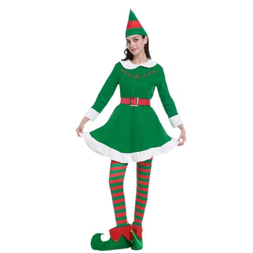 Edhomenn Weihnachtskostüme für Damen und Erwachsene, klassisches Kostüm, farbige Hose, niedliche Nikolausmütze, Gürtel und Schuhüberzieher mit Glocken, Cosplay, 5-teiliges Outfit (01 Grün, L) von Edhomenn