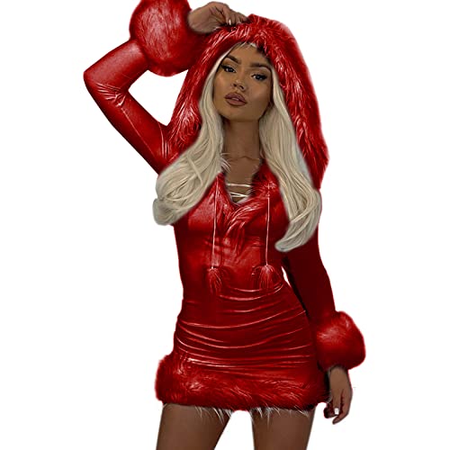 Edhomenn Weihnachtsmann-Kostüm für Damen, Plüsch-Schärpen, verziert, großer offener V-Ausschnitt, Minikleid, Weihnachtsverkleidung (04 Rot, M) von Edhomenn