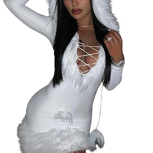 Edhomenn Weihnachtsmann-Kostüm für Damen, Plüsch-Schärpen, verziert, großer offener V-Ausschnitt, Minikleid, Weihnachtsverkleidung (09 Weiß, XL) von Edhomenn