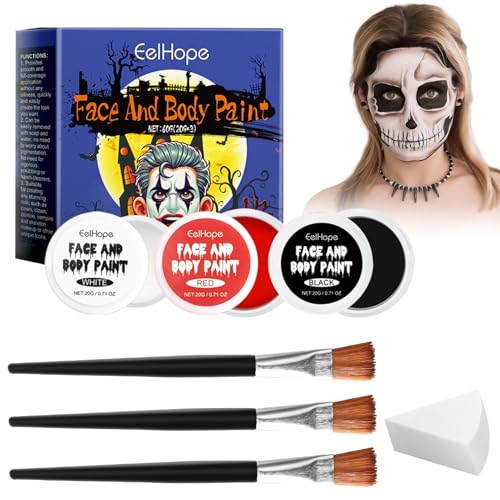 Editbar 7 Stück Halloween Schminkset – Bunte Clown-Farbpalette mit Rot, Schwarz, Weiß (je 20g) + 3 Pinsel + 1 Schwamm, Spezialeffekt Make-up für Halloween, Karneval, Theater, Zombie, Vampir & Cosplay von Editbar
