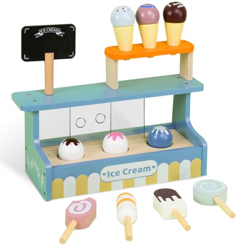 Editbar Eistheke aus Holz, Eiscreme-Set aus Holz, Eisständer, Kinderküche & Kaufladen Zubehör, Rollenspiel Spielzeuglebensmittel Holzspielzeug für Jungen Mädchen ab 3 Jahren Geburtstagsgeschenke von Editbar