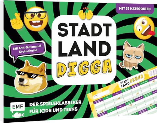 Stadt, Land, Digga – Der Spieleklassiker für Kids und Teens: Der ultimative Stadt, Land, Fluss-Spieleblock mit 52 Kategorien und Anti-Schummel-Drehscheibe von Edition Michael Fischer GmbH