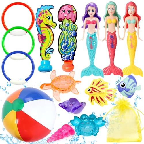 Edmirfun 16 Stücke Tauch Spielzeug Kinder, Barbie Meerjungfrau Unterwasser Tauchspielzeug, mit Meeresjuwel, Tauchringe, Tauchfische, Wasserball für Kinder, Tauchspiele Training Kindergeschenke von Edmirfun