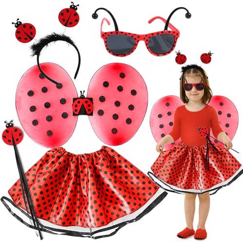 Edmirfun Marienkäfer Kostüm Kinder,Ladybug Mädchen,Feenflügel,Prinzessin Kostüm Mädchen,Tutu Rock,Zauberstab Kinder,Haarreifen,Flügel,für Karneval,Mottoparty,Faschingskostüme von Edmirfun