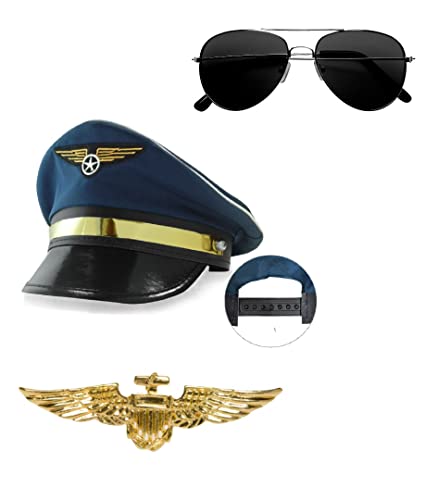 Airline Captain oder Co-Pilot Uniform Kostüm Zubehör 3-teiliges Set | Pilothut + Gold Aviator Badge + Sonnenbrille - Crew Aviator Thema Party Rollenspiel Dress Up, blau, Einheitsgröße von Edozos