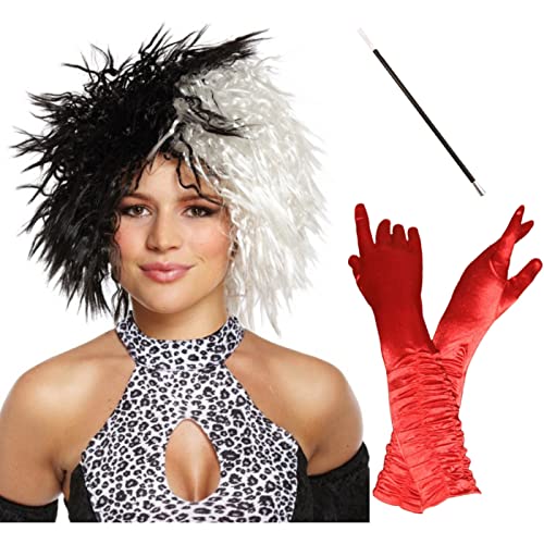 Damen Halloween Cruella Dalmatiner Lady Perücke + Lange rote Handschuhe + Zigarettenhalter Set | Evil Dog Lady De Villa Horror Party Verkleidung von Edozos