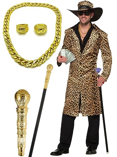 Edozos Funky Leopard Pimp-Anzug, Hut + Jacke + Kette + Ringe + Goldrute – Gangster-Stil Outfit 70er Jahre Hip Hop Junggesellenabschied Kostüm Nacht Party von Edozos