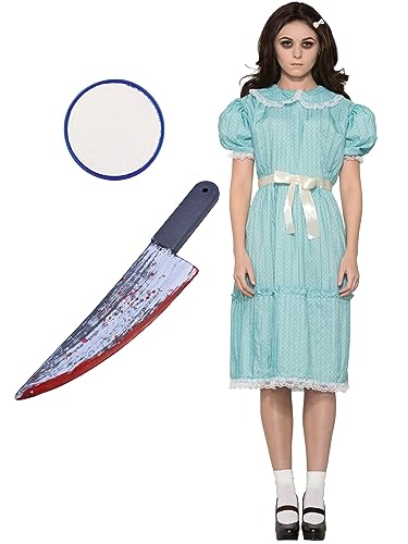 Edozos Halloween-Kostüm für Erwachsene, gruselige Schwester, Zwillingskleid der 80er Jahre, weiße Farbe + blutiges Messer, für Damen, Cosplay, Buchwoche, Motto-Party-Outfit von Edozos